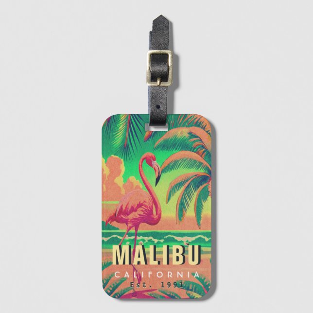 Etiqueta De Bagagem Malibu California Retro Flamingo Souvenirs 1950 (Frente Vertical)