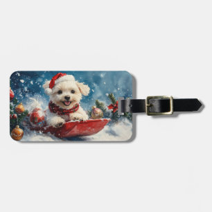 Etiqueta De Bagagem Maltês Cachorro com Sledge Deixe-o nevar no Natal