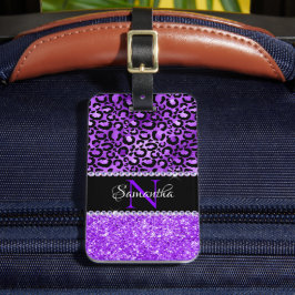Etiqueta De Bagagem Manchas de leopardo preto e violeta Glam Monograma
