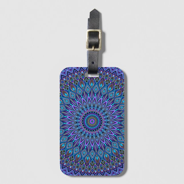 Etiqueta De Bagagem Mandala Boho Blue Teal Purple Magia Dourada (Frente Vertical)