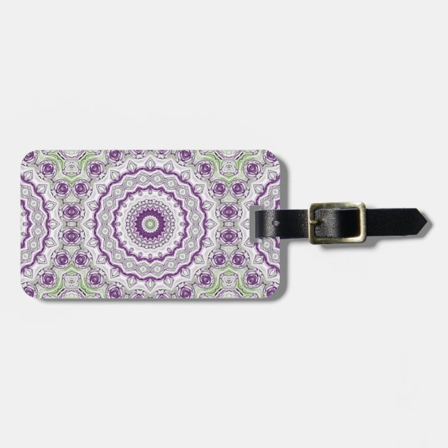 Etiqueta De Bagagem Mandalá Medalhão em Roxo e Verde (Frente Horizontal)