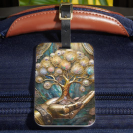 Etiqueta De Bagagem Mão Robô ouro Segurando Dourada Árvore De Vida