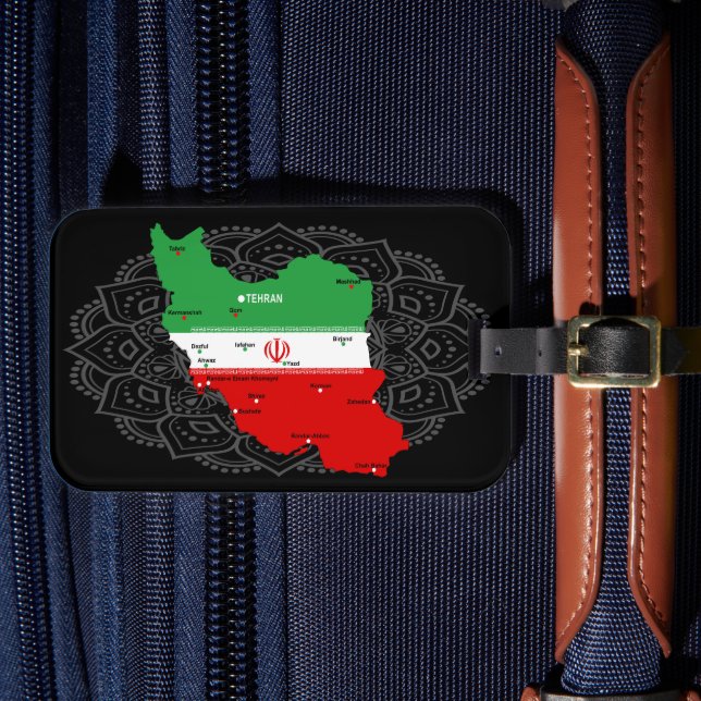 Etiqueta De Bagagem Mapa do Irã com Bandeira e Emblema (Frente Insitu 4)