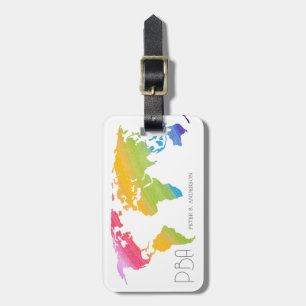 Etiqueta De Bagagem Mapa do Mundo Elegante Rainbow Pastel Nome Monogra