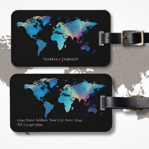 Etiqueta De Bagagem Mapa Mundi Aquarela Personalizado Preto Azul Teal
