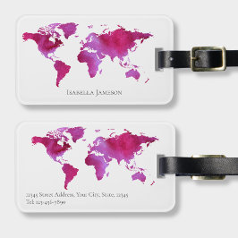 Etiqueta De Bagagem Mapa Mundi Aquarela Personalizado Rosa Branco
