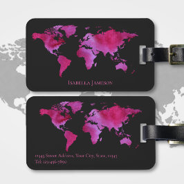 Etiqueta De Bagagem Mapa Mundi Aquarela Personalizado Rosa Quente Pret
