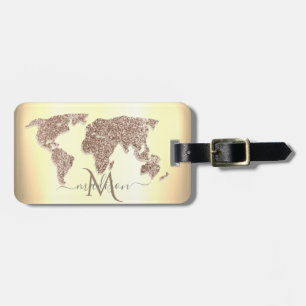 Etiqueta De Bagagem Mapa Mundi Elegante com Brilho Monograma de Viagem