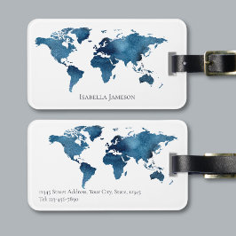 Etiqueta De Bagagem Mapa Mundi Personalizado em Aquarela Azul Marinho
