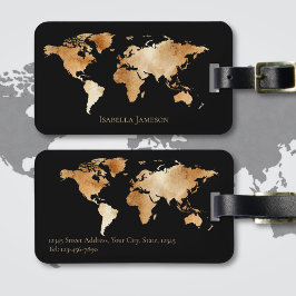 Etiqueta De Bagagem Mapa Mundi Personalizado em Aquarela Ouro Preto