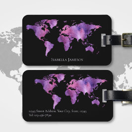 Etiqueta De Bagagem Mapa Mundi Personalizado em Aquarela Roxo e Preto