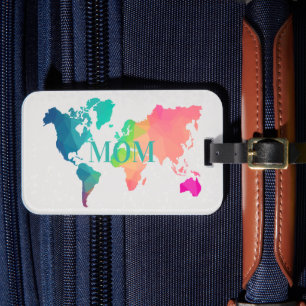 Etiqueta De Bagagem Mapa Mundial Colorido MOM Monograma Personalizado 