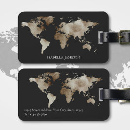 Etiqueta De Bagagem Mapa Mundial de Silver Black Watercolor Personaliz