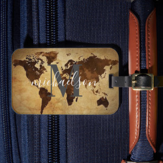 Etiqueta De Bagagem Mapa Mundial de Viajantes Nome do Monograma Person