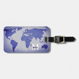 Etiqueta De Bagagem Mapa Mundial Monograma Azul Presente Personalizado