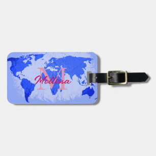 Etiqueta De Bagagem Mapa Mundial Monogramas cor-de-rosa azul Nome do V