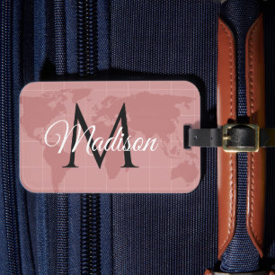 Etiqueta De Bagagem Mapa Mundial Personalizado com Monograma em Rosa M