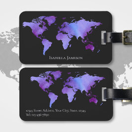 Etiqueta De Bagagem Mapa Mundial Personalizado em Aquarela Roxo e Pret