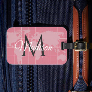Etiqueta De Bagagem Mapa Mundial Personalizado Rosa Millennial com Mon