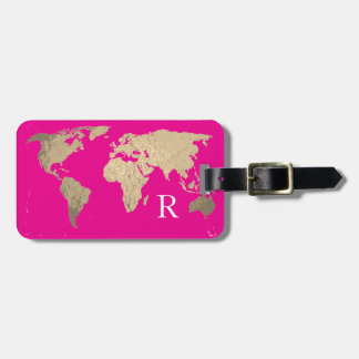 Etiqueta De Bagagem Mapa Mundial Rosa Quente Monograma Inicial Nome