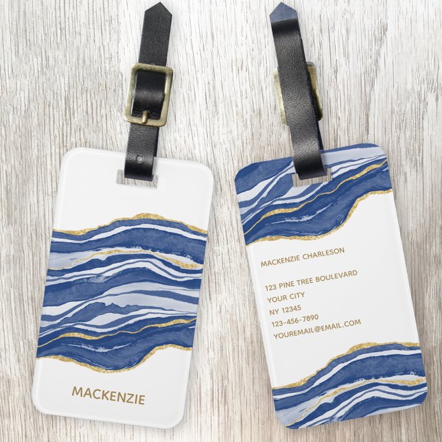 Etiqueta De Bagagem Marble Agate Glitter Dourado (Agate marble blue and white watercolor with gold glitter effect personalized luggage tag)