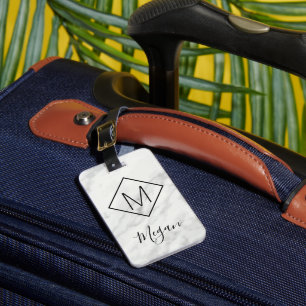 Etiqueta De Bagagem Marble Modern Black White Name Monograma Viagem