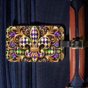ETIQUETA DE BAGAGEM MARDI GRAS FLEUR DE LIS, DOURADO VERDE PURPEN