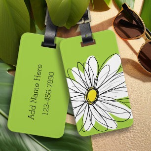 Etiqueta De Bagagem Margarida Branca e Verde com Texto Personalizado