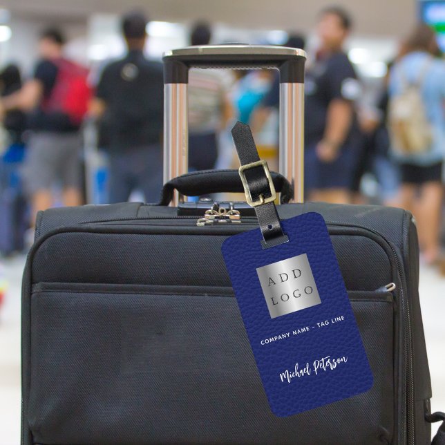 Etiqueta De Bagagem Marinho azul couro branco da empresa comercial (Criador carregado)
