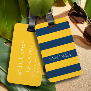 Etiqueta De Bagagem Marinho Azul e Amarelo Râguebi - Riscas Nome Pers