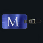 Etiqueta De Bagagem Marinho Azul Monograma Brutado Metal Girassol Nome<br><div class="desc">Marinho Azul Monograma Brutado Metal Girassol Nome do Script Girassol Saco de Corte</div>