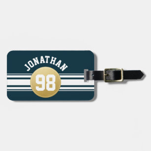 Etiqueta De Bagagem Marinho Blue and Dourado Sports Jersey Stripe Name