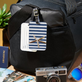 Etiqueta De Bagagem Marinho Blue e White Stripes Starfish