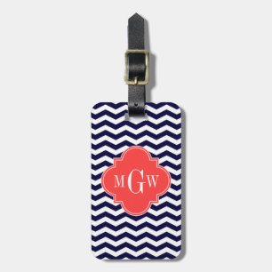 Etiqueta De Bagagem Marinho Coral Vermelho Quatrefoil 3 Monogramas Tn