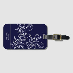 Etiqueta De Bagagem Marinho de polvo branco, litoral náutico azul