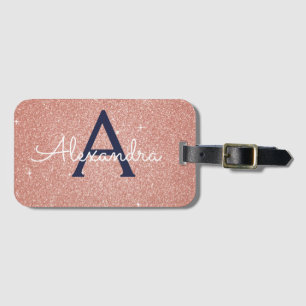 Etiqueta De Bagagem Marinho Rosa Rosa Rosa Dourado Monograma Azul Bril