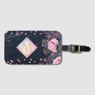 Etiqueta De Bagagem Marinho Rosegold Monograma Oferece Girly Floral Pi