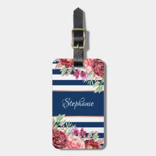 Etiqueta De Bagagem Marinho Stripes Borgonha Blush Monograma Floral