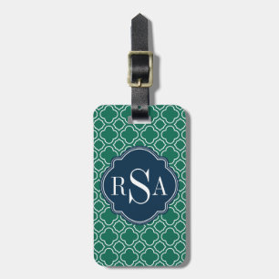 Etiqueta De Bagagem Marinho Triplo Monograma Emerald Quatrefoil Padrão