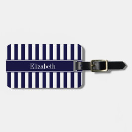 Etiqueta De Bagagem Marinho White Stripe Marinho Blue Ribbon Name Mono