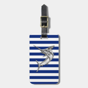 Etiqueta De Bagagem Marlin Swordfish Chrome Style on Nautical Stripes