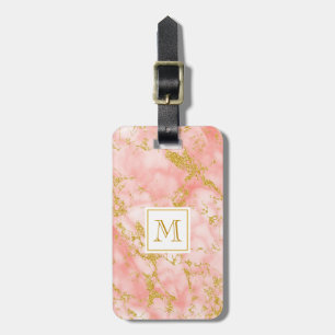 Etiqueta De Bagagem Mármaco de Coral Elegante Monograma Faux Glitter