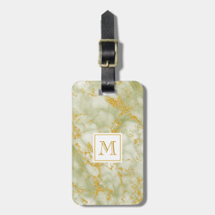 Etiqueta De Bagagem Mármaco Verde Elegante Monograma Faux Glitter Dour