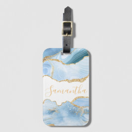 Etiqueta De Bagagem Mármore Ágata Baby Blue e Faux Gold Brilho