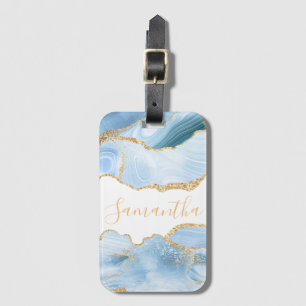 Etiqueta De Bagagem Mármore Ágata Baby Blue e Faux Gold Brilho