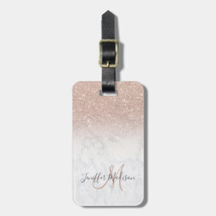 Etiqueta De Bagagem Mármore branco, branco, cor-de-rosa-rosa, brilhan