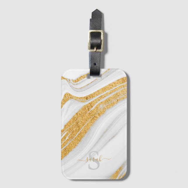 Etiqueta De Bagagem Mármore branco e brilho Dourado impresso (Frente Vertical)