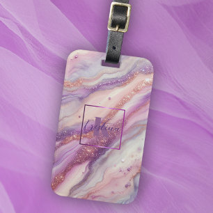 Etiqueta De Bagagem Mármore Lavanda Roxo Elegante com Veias Brilhantes