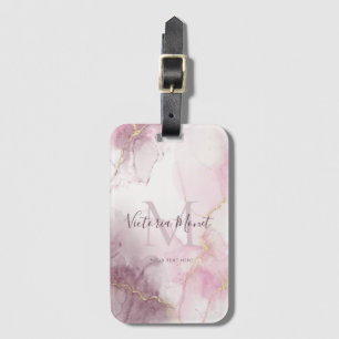Etiqueta De Bagagem Mármore Veia Dourada Rosa Malva Script  