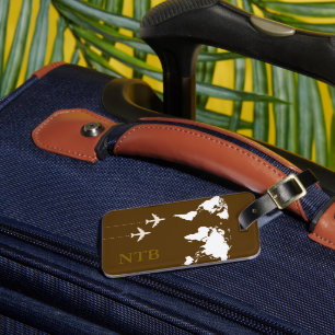 Etiqueta De Bagagem Marrom na moda Avião Viajante Monograma
